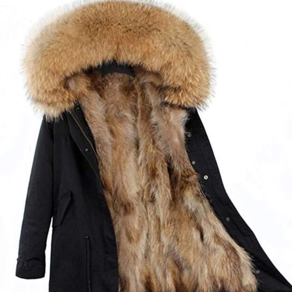 Women's Real Raccoon Fur Parka Detachable Fur Liner Hood Fur Coat  Women